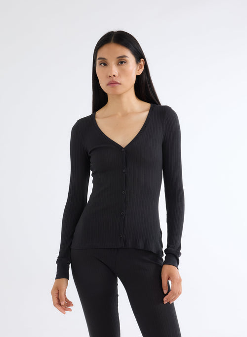 Gilet Noir Col V Manches Longues en Coton organique et Modal - MAJESTIC FILATURES