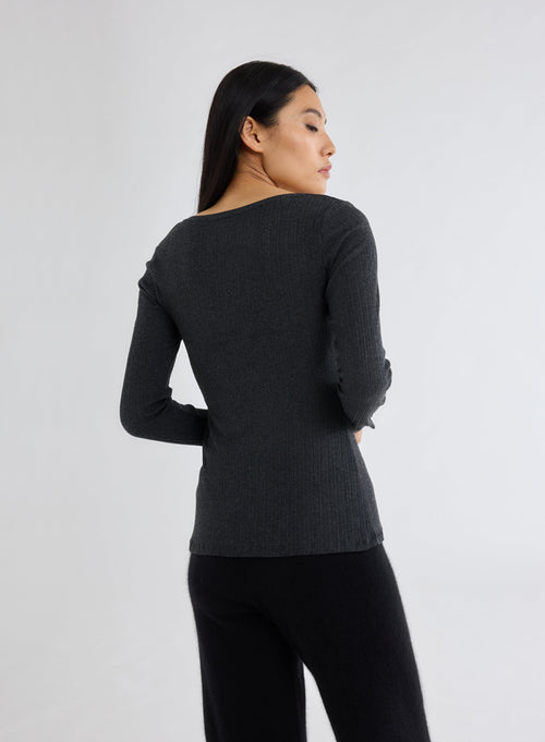 Grey U-Neck Long Sleeve T-Shirt in Organic Cotton / Modal - MAJESTIC FILATURES