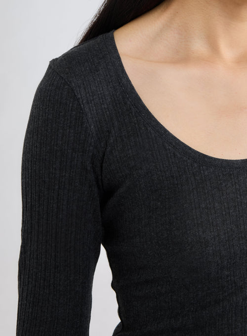 Grey U-Neck Long Sleeve T-Shirt in Organic Cotton / Modal - MAJESTIC FILATURES