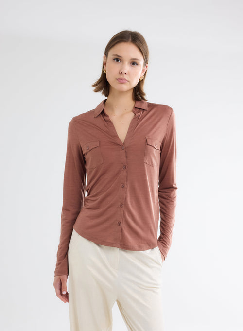 Brown Long Sleeve Lyocell and Wool Shirt - MAJESTIC FILATURES