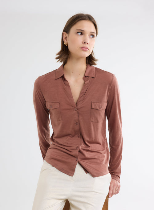 Brown Long Sleeve Lyocell and Wool Shirt - MAJESTIC FILATURES