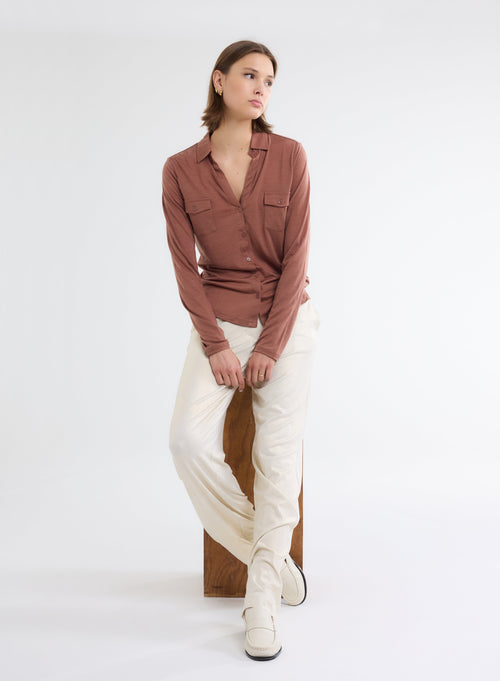 Brown Long Sleeve Lyocell and Wool Shirt - MAJESTIC FILATURES