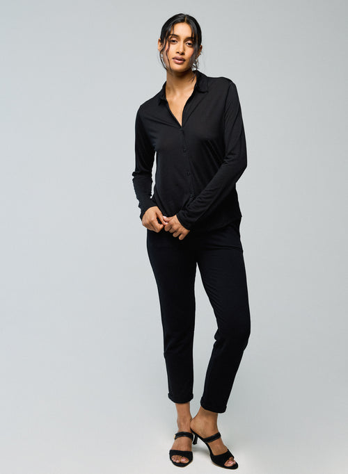 Black Shirt Long Sleeve Shirt in Lyocel / Virgin Wool - MAJESTIC FILATURES