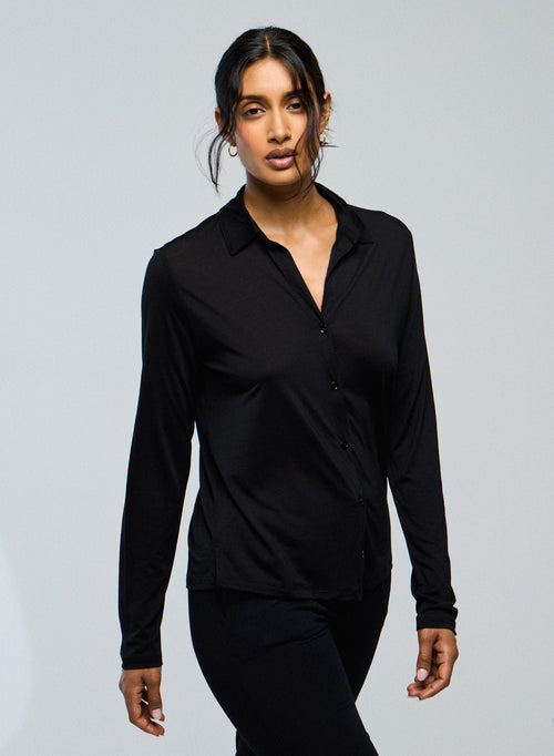 Black Shirt Long Sleeve Shirt in Lyocel / Virgin Wool - MAJESTIC FILATURES