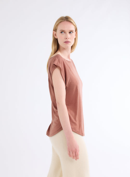 Wool and Lyocell Terracota Short Sleeve Boatneck T-Shirt - MAJESTIC FILATURES