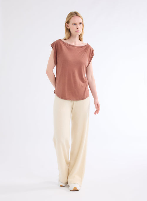 Wool and Lyocell Terracota Short Sleeve Boatneck T-Shirt - MAJESTIC FILATURES