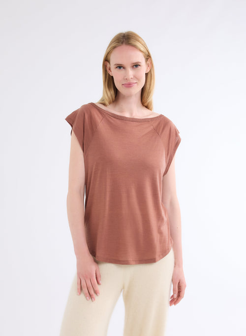 Wool and Lyocell Terracota Short Sleeve Boatneck T-Shirt - MAJESTIC FILATURES