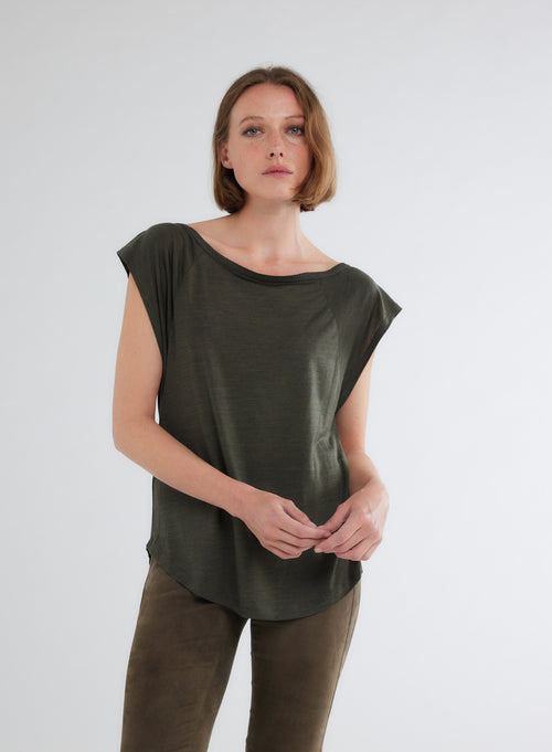 T-shirt Vert Col Bateau Manches Courtes en Lyocel et Laine - MAJESTIC FILATURES