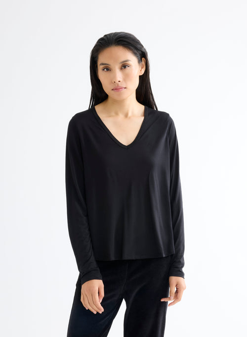 T-shirt Noir Col V Manches Longues en Lyocell et Laine - MAJESTIC FILATURES