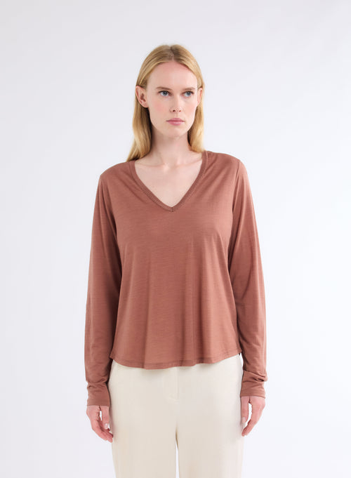 Brown V-Neck Long Sleeve T-Shirt in Lyocell and Wool - MAJESTIC FILATURES