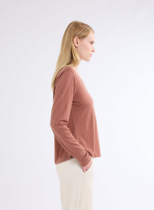 Brown V-Neck Long Sleeve T-Shirt in Lyocell and Wool - MAJESTIC FILATURES