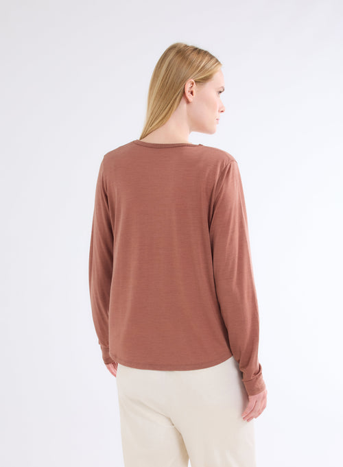 Brown V-Neck Long Sleeve T-Shirt in Lyocell and Wool - MAJESTIC FILATURES