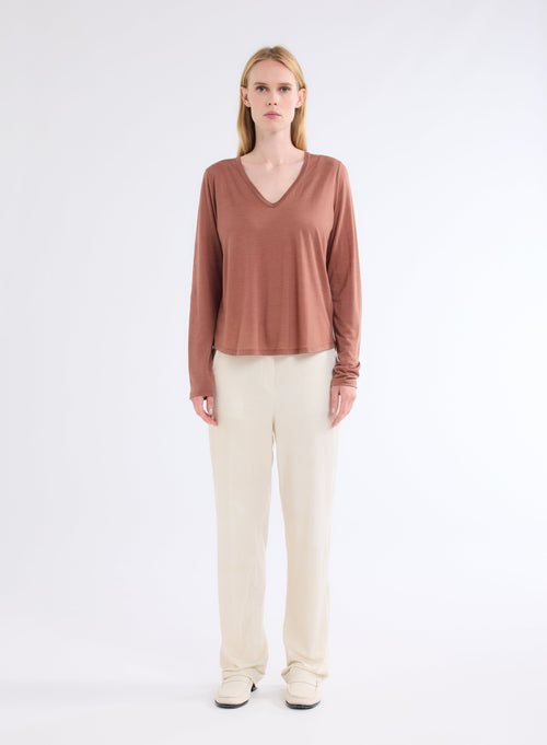 Brown V-Neck Long Sleeve T-Shirt in Lyocell and Wool - MAJESTIC FILATURES