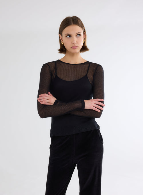 T-shirt Noir Col Rond Manches Longues en Micro Modal et Cachemire - MAJESTIC FILATURES