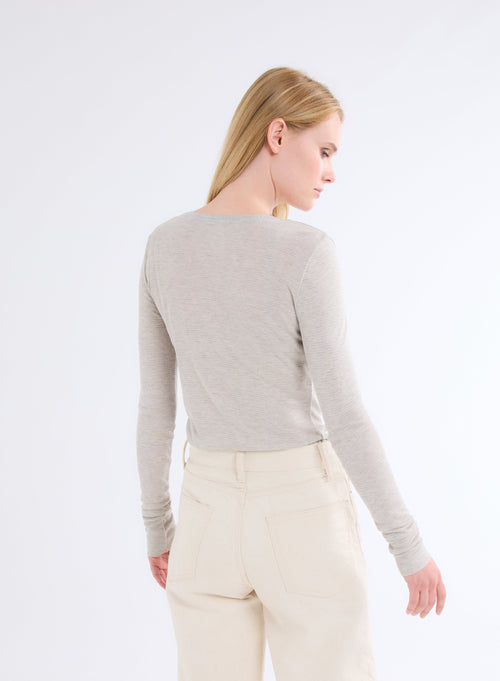 Grey / Beige U-Neck Long Sleeve Viscose T-Shirt - MAJESTIC FILATURES