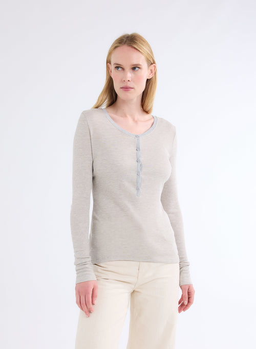 Grey / Beige U-Neck Long Sleeve Viscose T-Shirt - MAJESTIC FILATURES