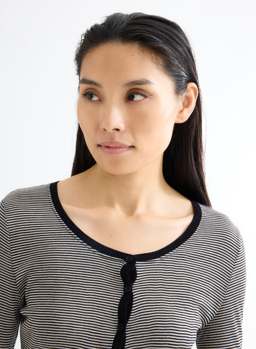 Beige / Black U-Neck Long Sleeve Viscose T-Shirt - MAJESTIC FILATURES