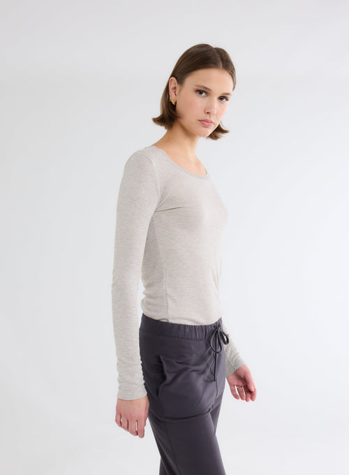 T-shirt Gris / Beige Col U Manches Longues en Viscose - MAJESTIC FILATURES