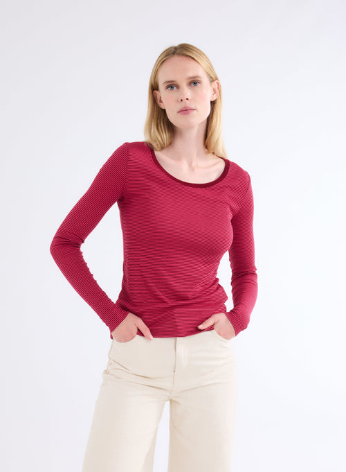 Red U-Neck Long Sleeve Viscose T-Shirt - MAJESTIC FILATURES