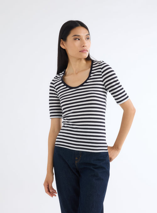 Navy / Beige U-Neck Short Sleeve T-Shirt in Organic Cotton and Cashmere - MAJESTIC FILATURES