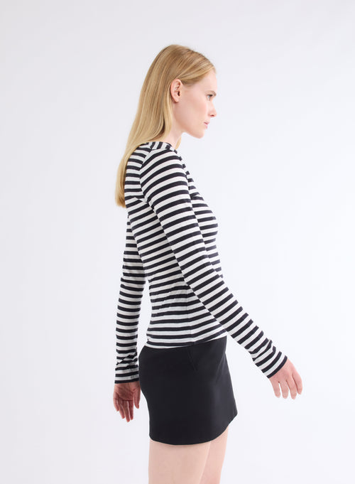 Navy / Beige U-Neck Long Sleeve T-Shirt in Organic Cotton and Cashmere - MAJESTIC FILATURES