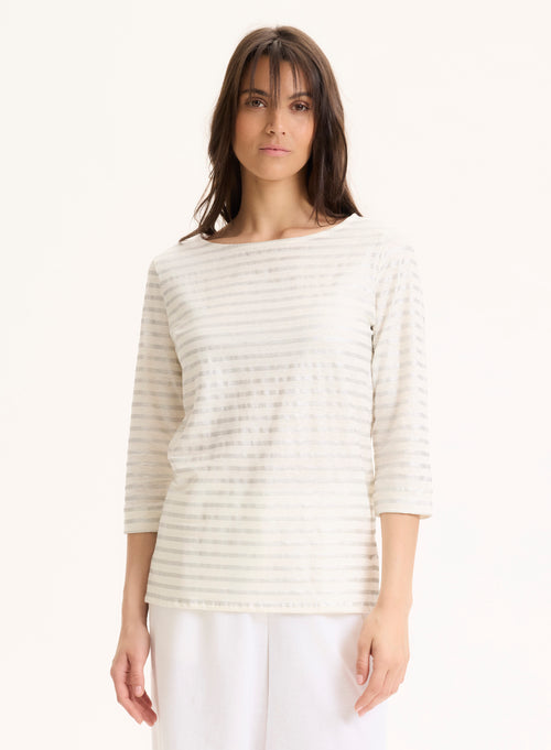 Camiseta plateada con© cuello barco y mangas tres cuartos en lino / elastano - MAJESTIC FILATURES