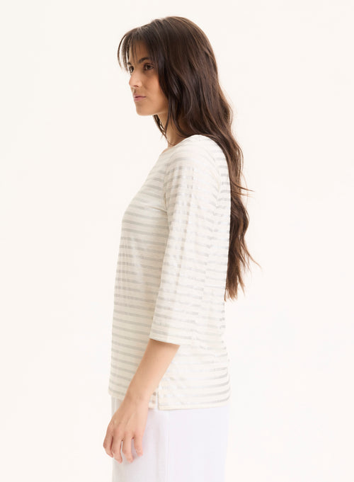 Camiseta plateada con© cuello barco y mangas tres cuartos en lino / elastano - MAJESTIC FILATURES