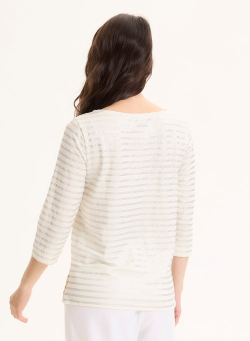 Camiseta plateada con© cuello barco y mangas tres cuartos en lino / elastano - MAJESTIC FILATURES