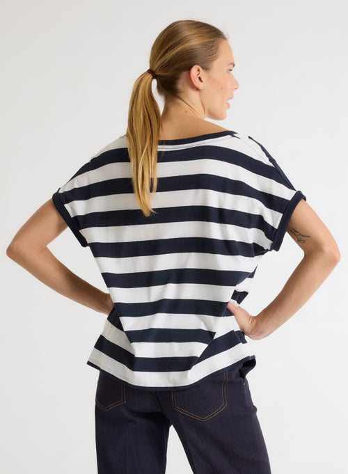 Navy T-shirt Short-sleeved V-neck in organic cotton - MAJESTIC FILATURES