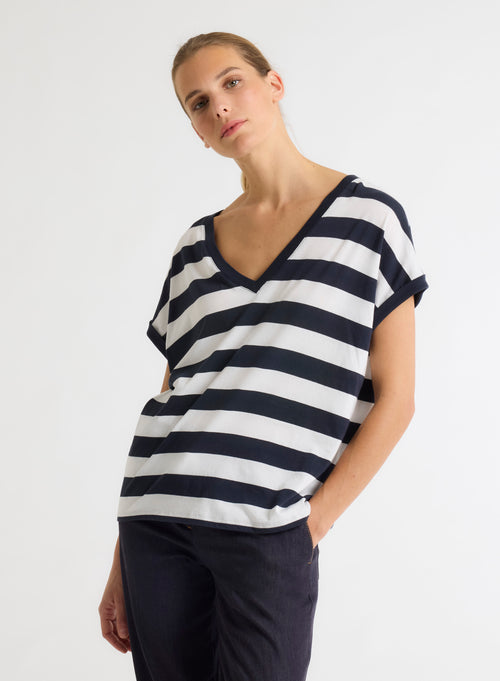 Navy T-shirt Short-sleeved V-neck in organic cotton - MAJESTIC FILATURES