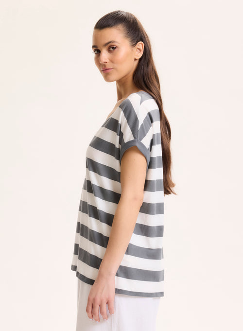 Camiseta gris de manga corta con cuello en V en algodón orgánico - MAJESTIC FILATURES