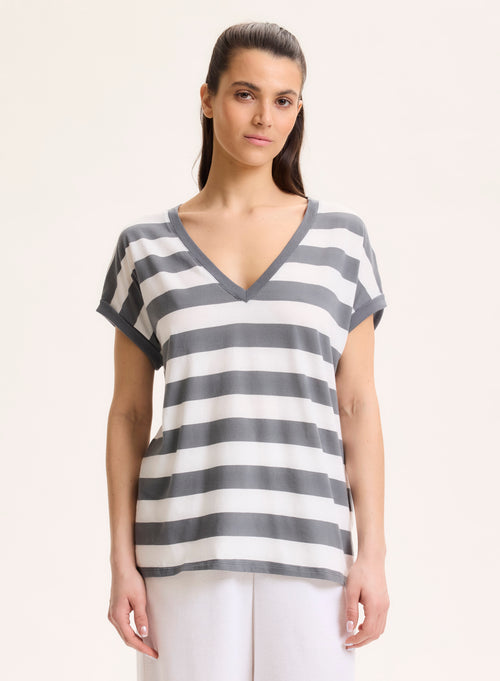 Camiseta gris de manga corta con cuello en V en algodón orgánico - MAJESTIC FILATURES
