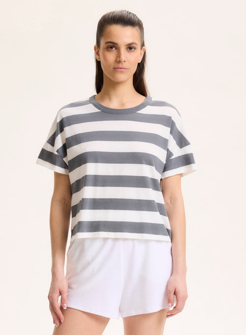 Graues Kurzarm-T-Shirt mit Rundhalsausschnitt aus Bio-Baumwolle - MAJESTIC FILATURES