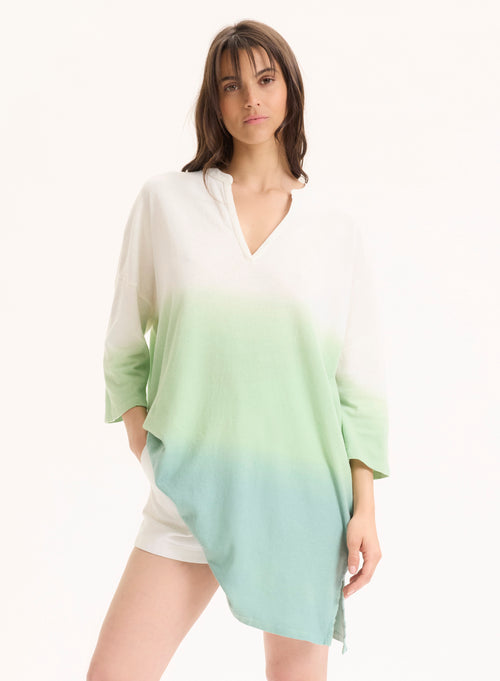 Tunique Vert clair Col Tunisien Manches Trois quarts en Coton organique / Lin - MAJESTIC FILATURES
