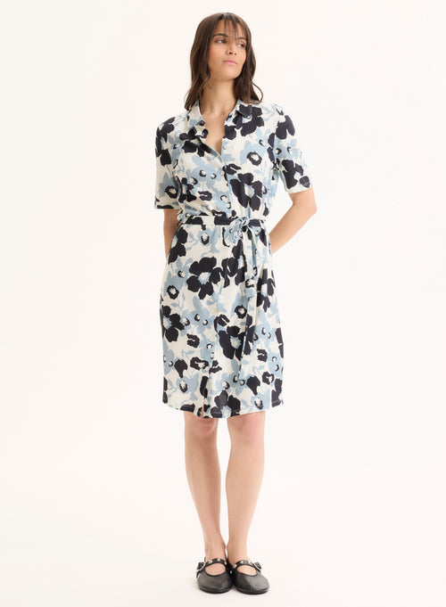 Robe Bleue Col Chemise Manches Courtes en Coton organique / Lin - MAJESTIC FILATURES