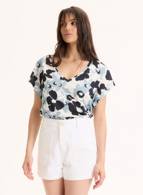 Tee shirt Bleu Col V Manches Courtes en Coton organique / Lin - MAJESTIC FILATURES