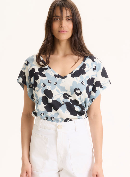 Tee shirt Bleu Col V Manches Courtes en Coton organique / Lin - MAJESTIC FILATURES