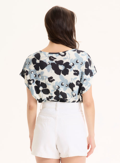 Tee shirt Bleu Col V Manches Courtes en Coton organique / Lin - MAJESTIC FILATURES
