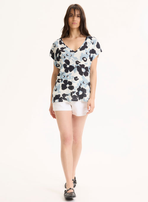 Tee shirt Bleu Col V Manches Courtes en Coton organique / Lin - MAJESTIC FILATURES