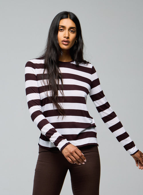 Weiß/Aubergine Langarm-T-Shirt mit Rundhalsausschnitt aus Viskose / Kaschmir - MAJESTIC FILATURES