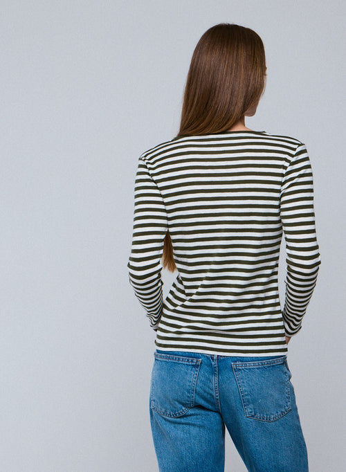 Grün / Weißes Langarm-T-Shirt mit V-Ausschnitt aus Bio-Baumwolle - MAJESTIC FILATURES
