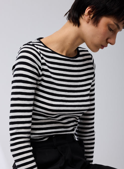 Schwarzes / Beiges T-Shirt Rundhals Lange Ärmel aus Bio-Baumwolle - MAJESTIC FILATURES