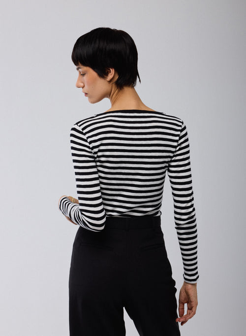 Schwarzes / Beiges T-Shirt Rundhals Lange Ärmel aus Bio-Baumwolle - MAJESTIC FILATURES