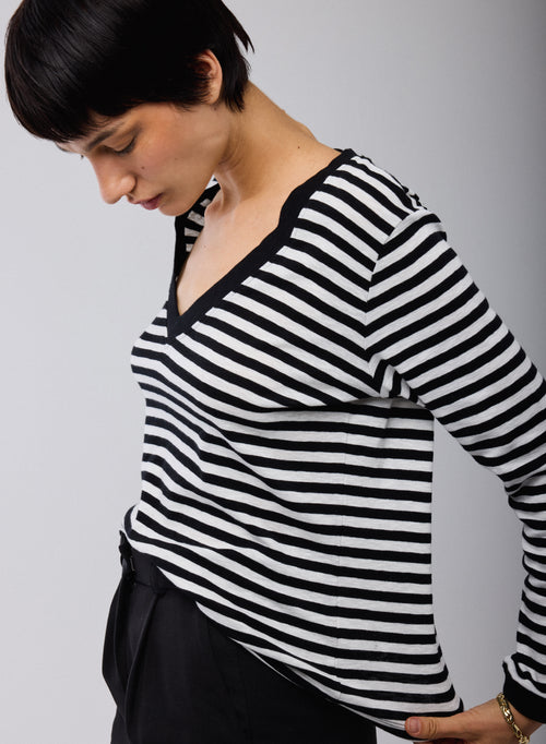 Schwarzes / Beiges T-Shirt V-Ausschnitt Lange Ärmel aus Bio-Baumwolle - MAJESTIC FILATURES