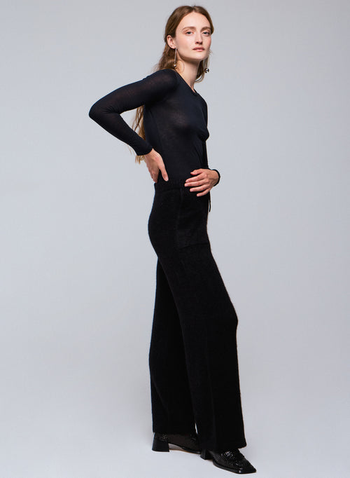 T-shirt Noir Col Rond Manches Longues en Viscose / Cachemire - MAJESTIC FILATURES
