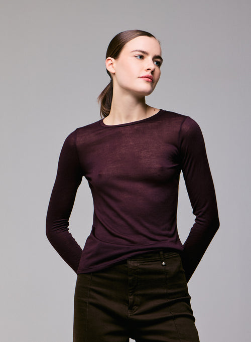 Purple Round Neck Long Sleeves T-shirt in Viscose / Cashmere - MAJESTIC FILATURES