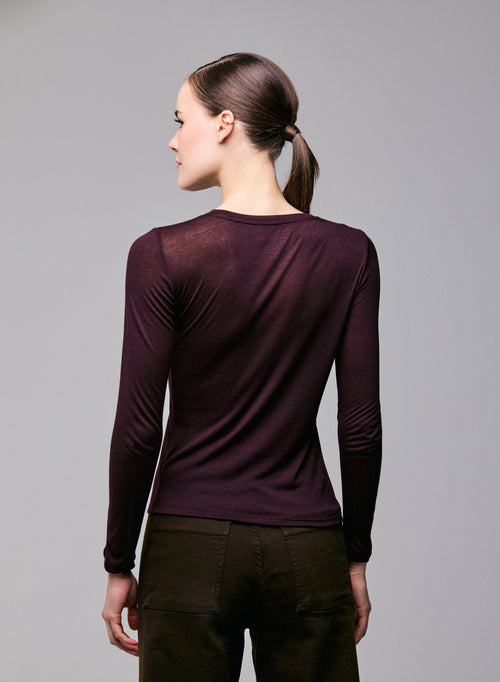 Purple Round Neck Long Sleeves T-shirt in Viscose / Cashmere - MAJESTIC FILATURES