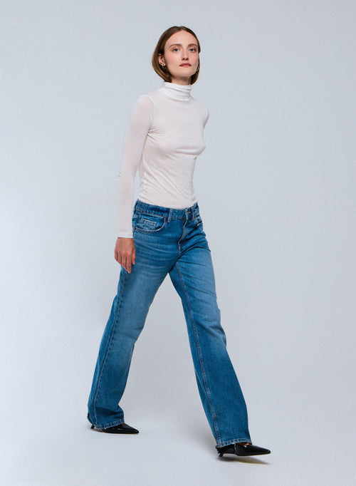 T-shirt Blanc Col Roulé Manches Longues en Viscose / Cachemire - MAJESTIC FILATURES