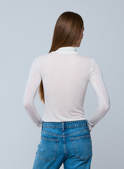T-shirt Blanc Col Roulé Manches Longues en Viscose / Cachemire - MAJESTIC FILATURES