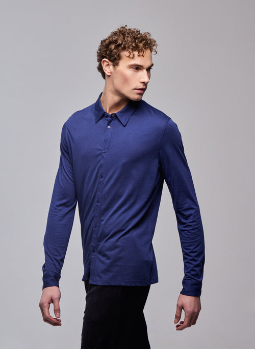 Navy Shirt Long Sleeve Shirt in Organic Cotton / Polyester - MAJESTIC FILATURES